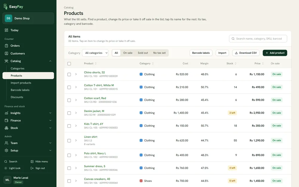 The Products page: products with their category, cost, margin, stock, price and whether they are on sale
